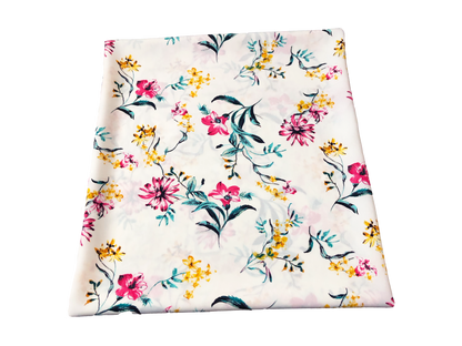 Wool Peach Fabric – Sunlit Wildflower Toss (White/Pink/Yellow/Teal) – 100% Polyester, No Stretch, 56" Wide – By the Yard (WPPR07)