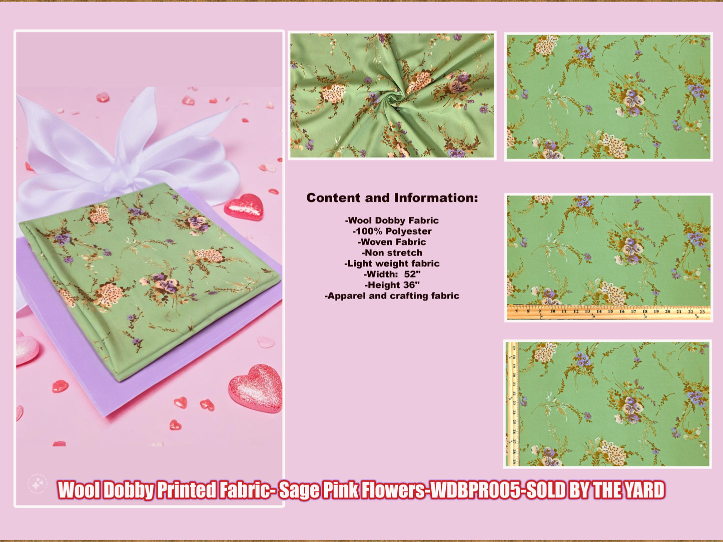 Wool Dobby Printed Fabric-Sage Pink Flowers-WDBPR005-Sold by the Yard