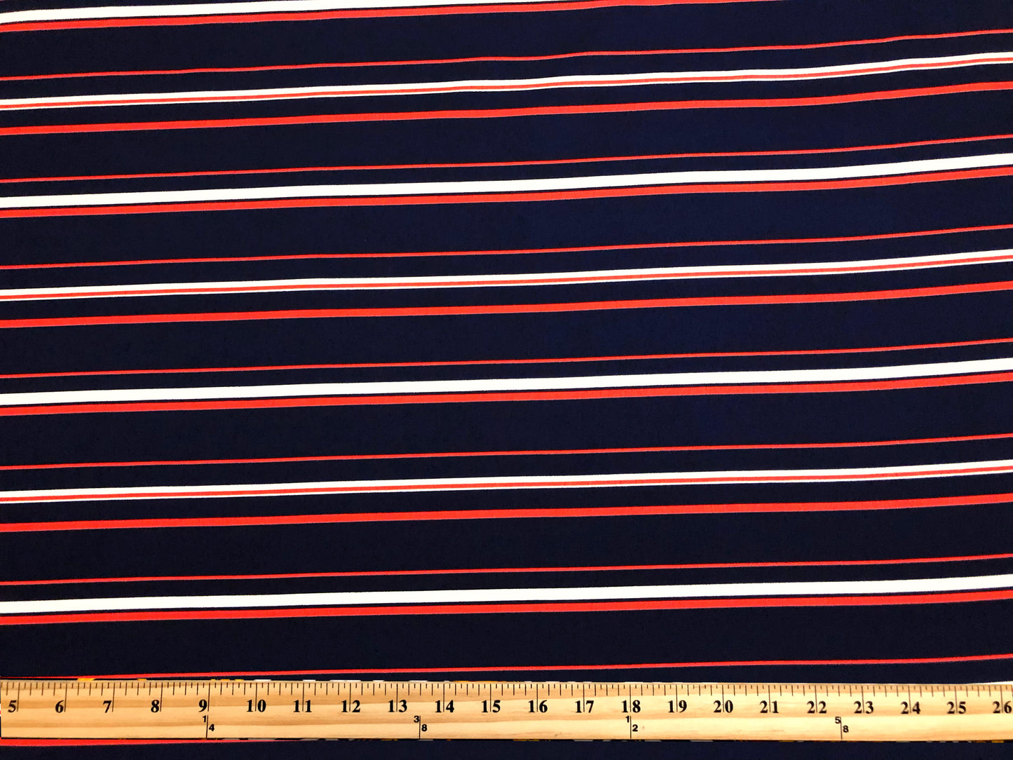 Wool Peach Fabric – Midnight Regatta Stripe (Navy/White/Red) – No Stretch, 56" Wide – Sold by the Yard (WPPR05)