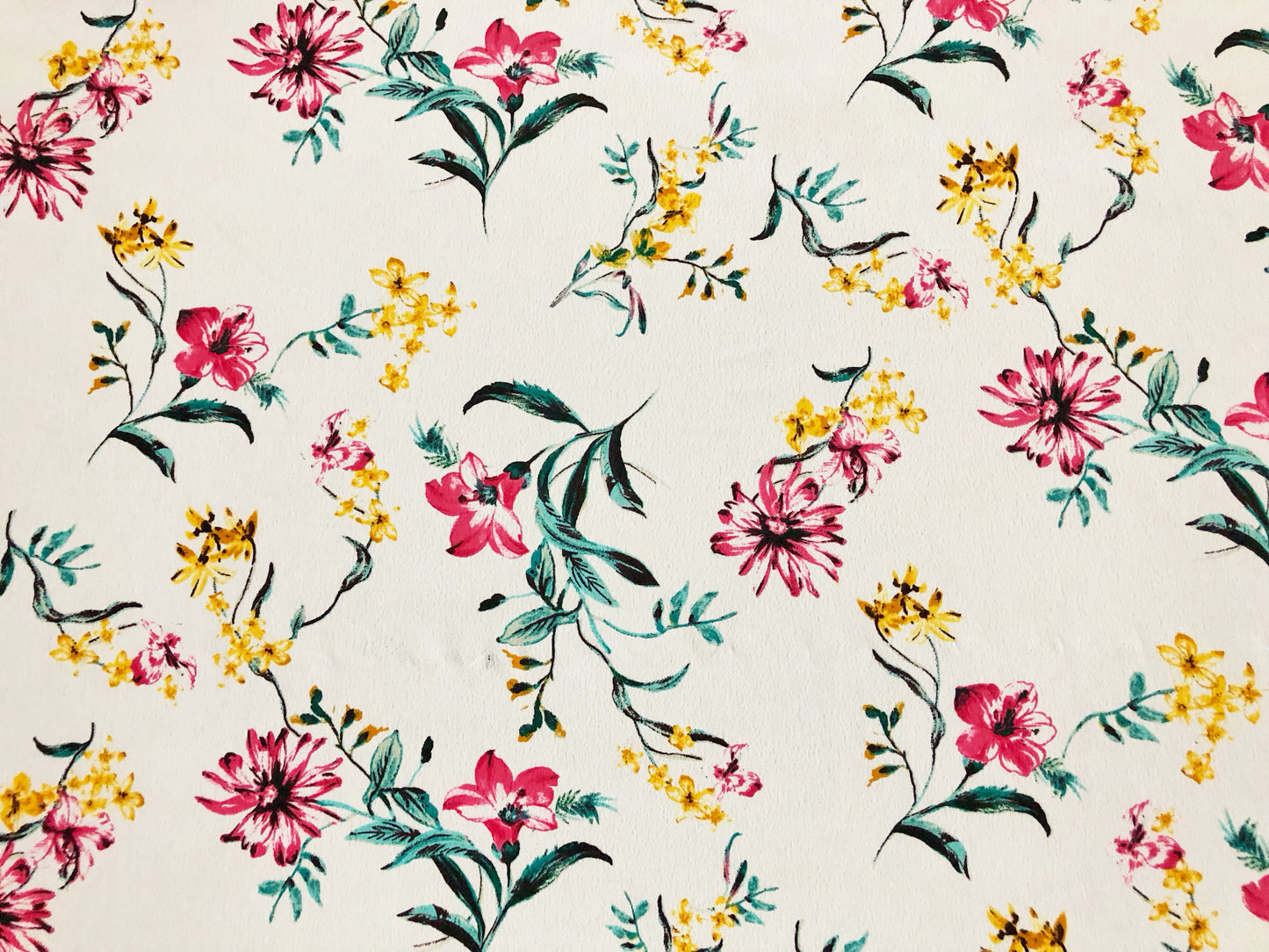 Wool Peach Fabric – Sunlit Wildflower Toss (White/Pink/Yellow/Teal) – 100% Polyester, No Stretch, 56" Wide – By the Yard (WPPR07)