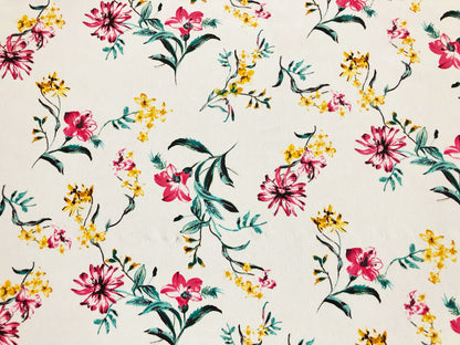 Wool Peach Fabric – Sunlit Wildflower Toss (White/Pink/Yellow/Teal) – 100% Polyester, No Stretch, 56" Wide – By the Yard (WPPR07)