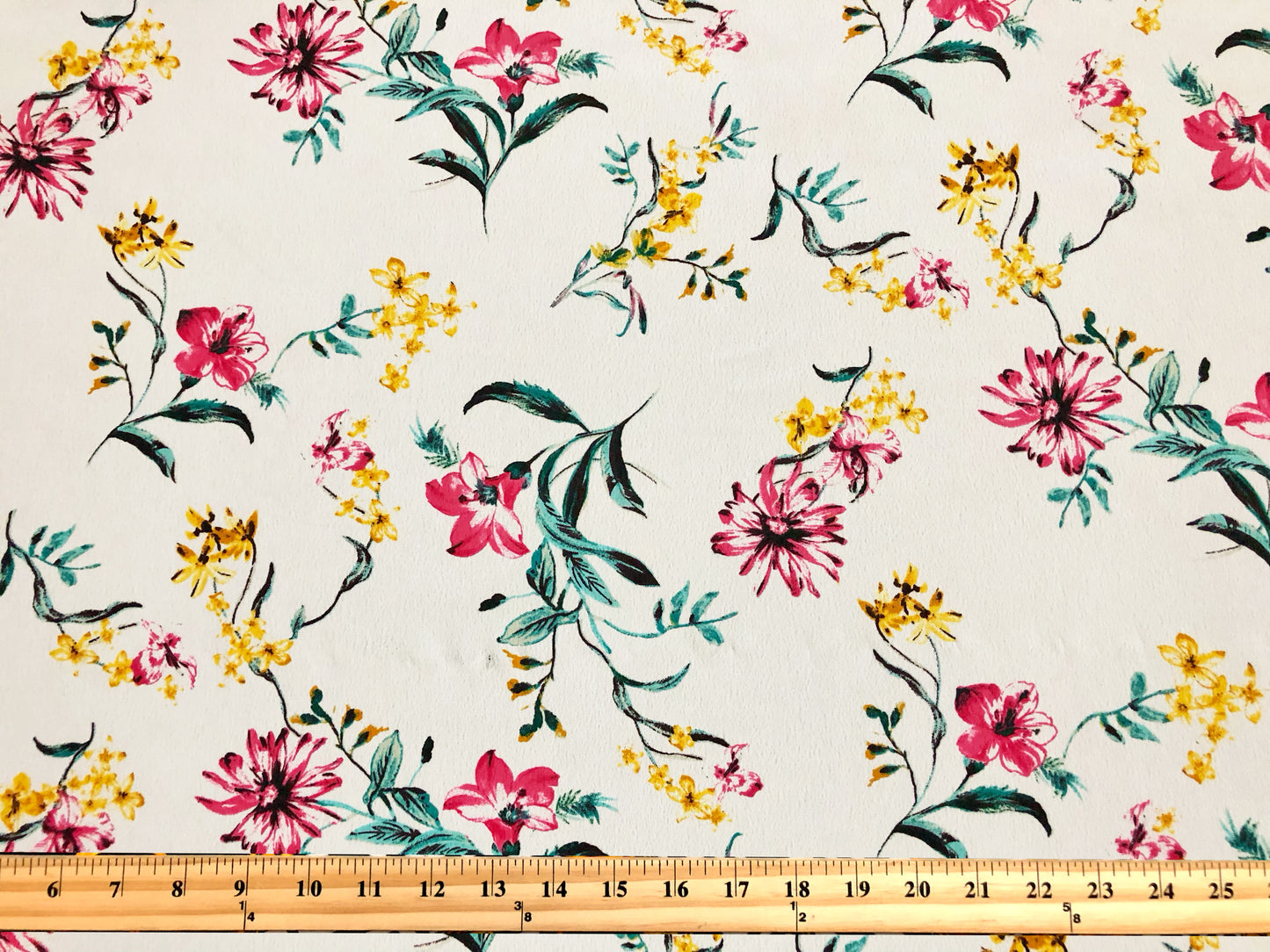 Wool Peach Fabric – Sunlit Wildflower Toss (White/Pink/Yellow/Teal) – 100% Polyester, No Stretch, 56" Wide – By the Yard (WPPR07)