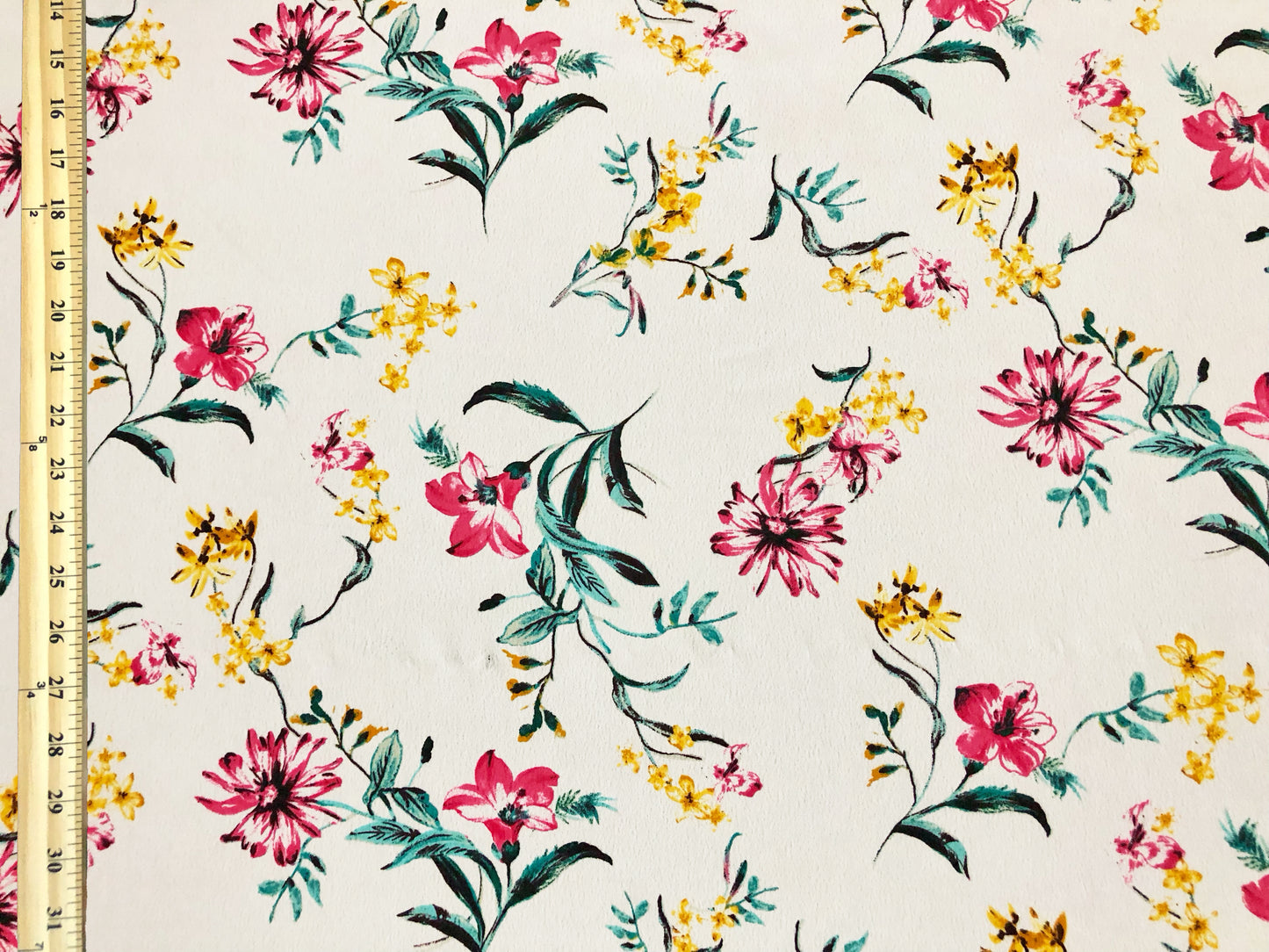 Wool Peach Fabric – Sunlit Wildflower Toss (White/Pink/Yellow/Teal) – 100% Polyester, No Stretch, 56" Wide – By the Yard (WPPR07)