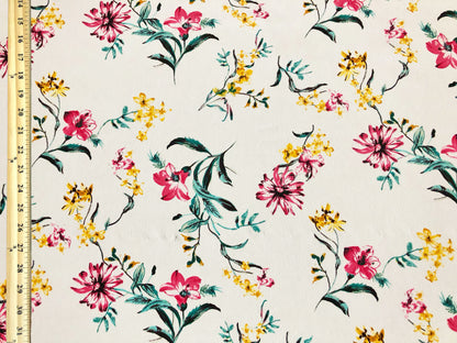 Wool Peach Fabric – Sunlit Wildflower Toss (White/Pink/Yellow/Teal) – 100% Polyester, No Stretch, 56" Wide – By the Yard (WPPR07)