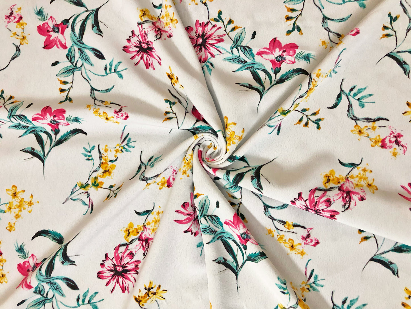 Wool Peach Fabric – Sunlit Wildflower Toss (White/Pink/Yellow/Teal) – 100% Polyester, No Stretch, 56" Wide – By the Yard (WPPR07)