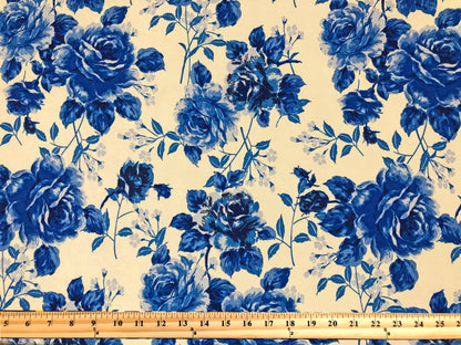 Techno Crepe Printed Fabric-Ivory Blue Roses-TCRP037-Sold by the Yard