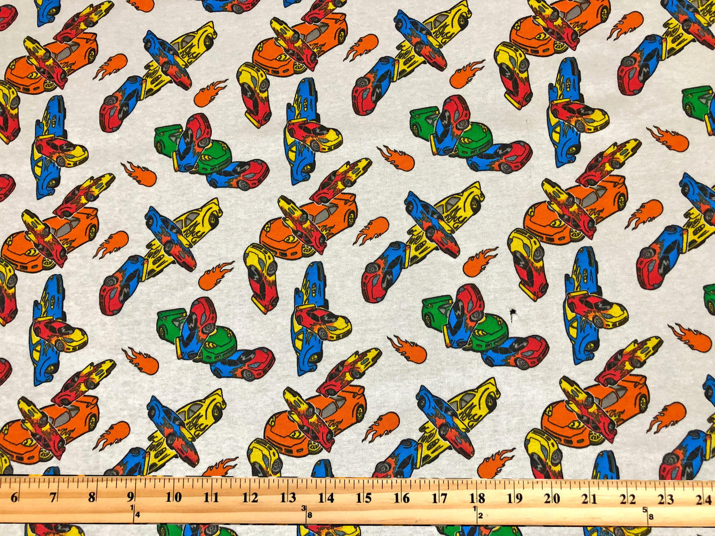 100% Cotton Print Fabric |White Yellow Blue Racing Cars |CTJPR07 |Jersey Fabric| Sold by the Yard