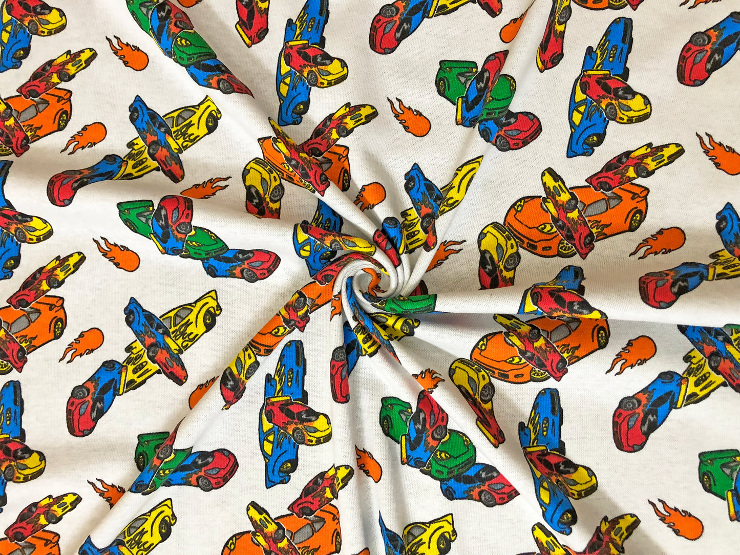 100% Cotton Print Fabric |White Yellow Blue Racing Cars |CTJPR07 |Jersey Fabric| Sold by the Yard