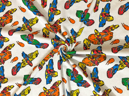 100% Cotton Print Fabric |White Yellow Blue Racing Cars |CTJPR07 |Jersey Fabric| Sold by the Yard