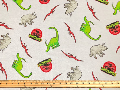 100% Cotton Print Fabric| White Red Green Dinosaurs |CTJPR05 |Jersey Fabric| Sold by the Yard