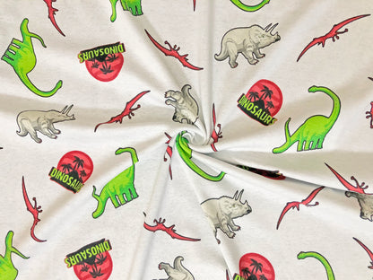 100% Cotton Print Fabric| White Red Green Dinosaurs |CTJPR05 |Jersey Fabric| Sold by the Yard