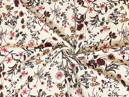 Wool Peach Printed Fabric-White Brown Red Flowers-WPPR001-Sold by the Yard