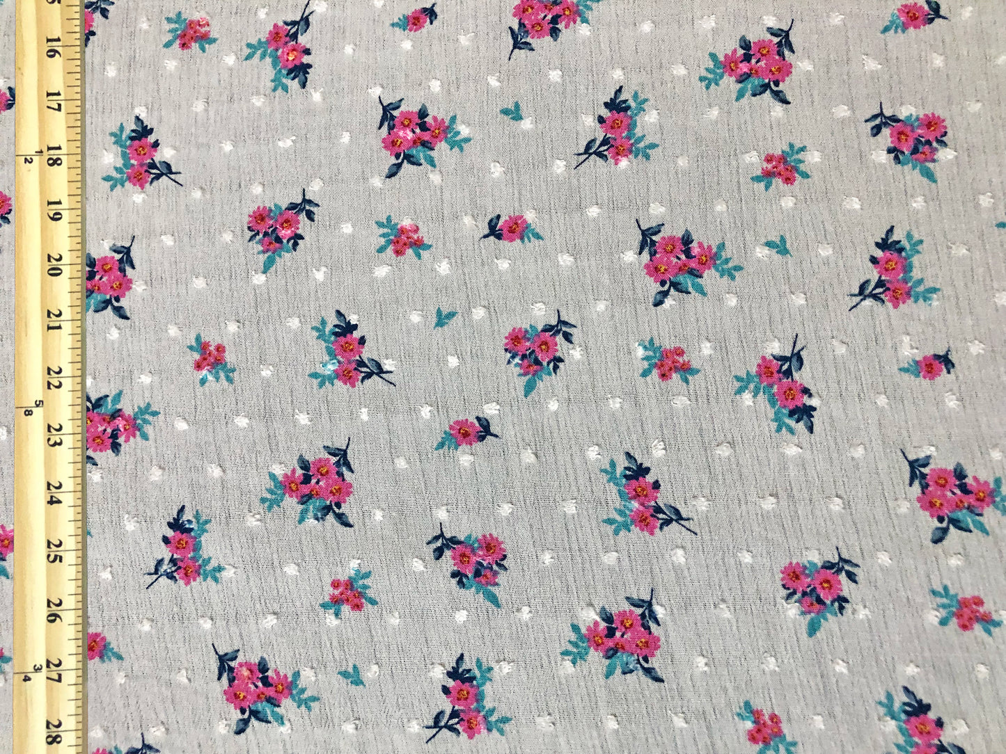 Rayon Gauze Swiss Dot Printed Fabric-White Pink Aqua Blue 1 1/4" Flowers-RGzPR003-Sold by the Yard