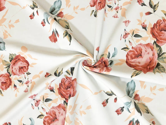 Scuba Techno Fabric| White Red Melon Gray Roses | SCTPR016 | Sold by the Yard| Apparel Fabric