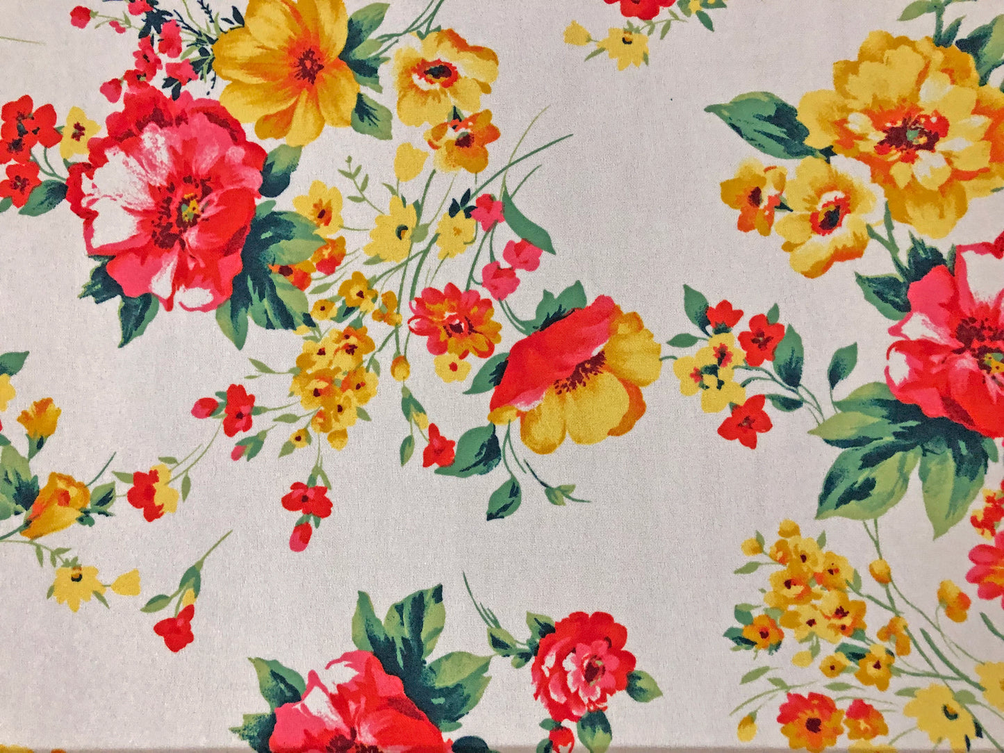 Ivory Yellow Gold Red Flowers Techno Crepe Print Fabric