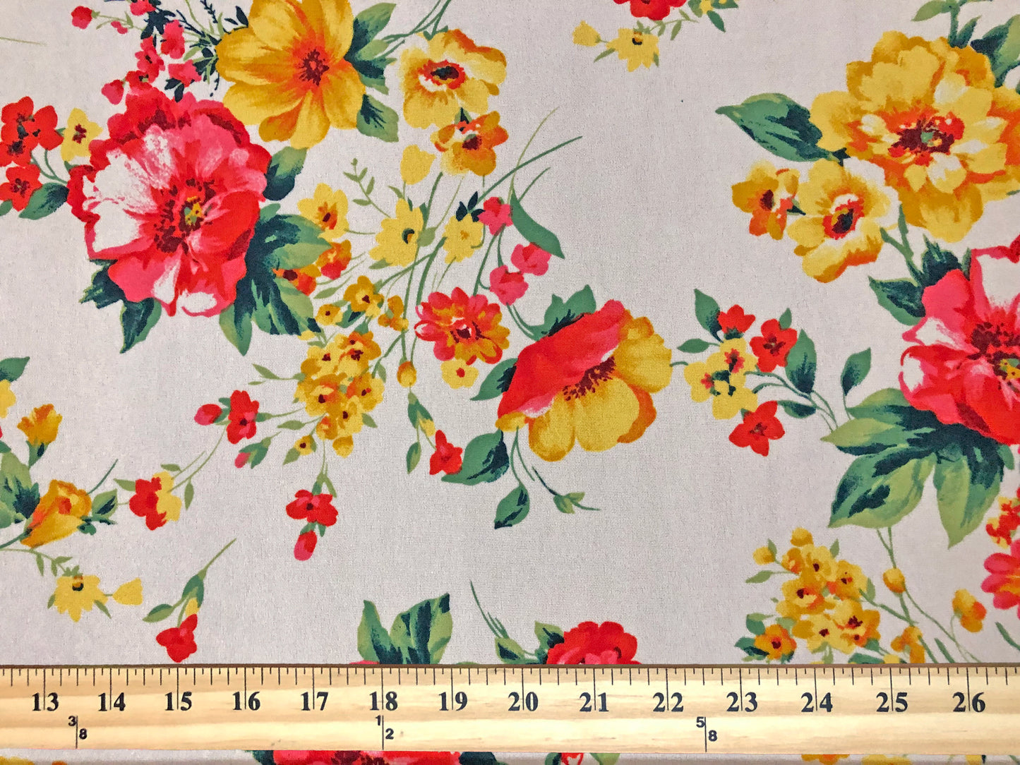 Ivory Yellow Gold Red Flowers Techno Crepe Print Fabric