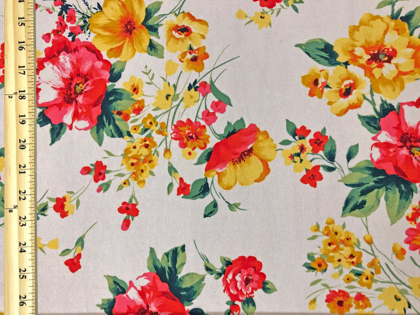 Ivory Yellow Gold Red Flowers Techno Crepe Print Fabric