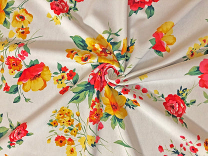 Ivory Yellow Gold Red Flowers Techno Crepe Print Fabric