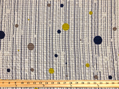 Crinkle Polyester Printed Fabric-White Blue Stripes and Circles-CKPR001-Sold by the Yard