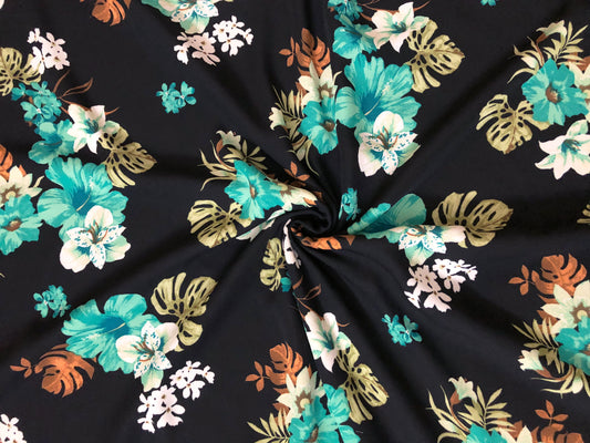 Wool Dobby Printed Fabric| Black Aqua Brown Flowers|WDBPR009|Sold by the Yard