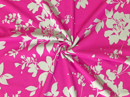 Techno Crepe Printed Fabric-Hot Pink White Paired Flowers-TCRP073-Sold by the Yard