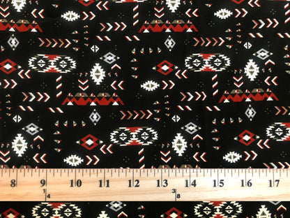 Boho Aztec Rayon Challis Fabric – Black/Red – 56" Wide, Soft Drapey Woven – Sold by the Yard (RCHPR018)
