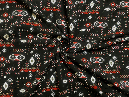 Boho Aztec Rayon Challis Fabric – Black/Red – 56" Wide, Soft Drapey Woven – Sold by the Yard (RCHPR018)