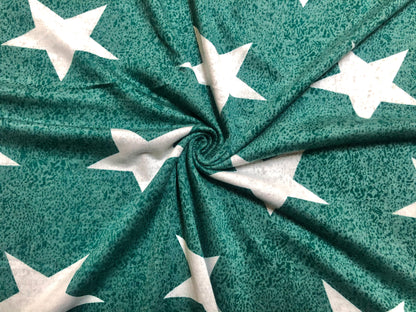 Jade Green White Stars French Terry Print Fabric