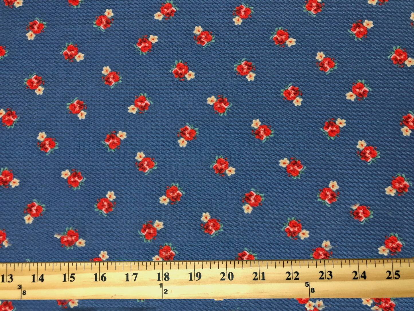 Bullet Knit Printed Fabric-Denim Blue Red Roses-BPR289-Sold by the Yard