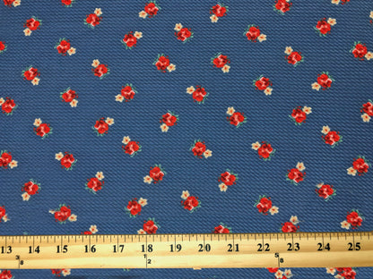 Bullet Knit Printed Fabric-Denim Blue Red Roses-BPR289-Sold by the Yard