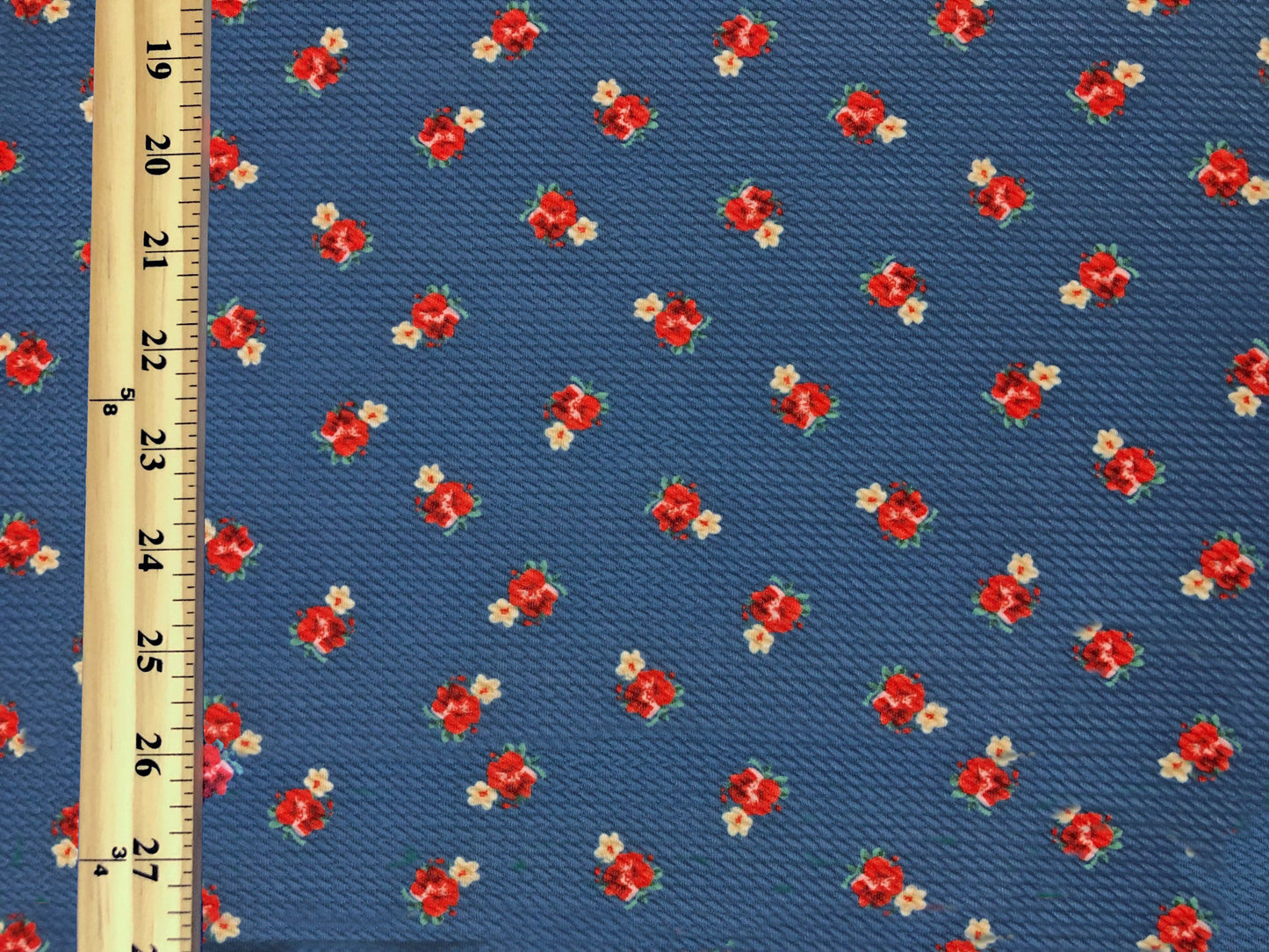 Bullet Knit Printed Fabric-Denim Blue Red Roses-BPR289-Sold by the Yard