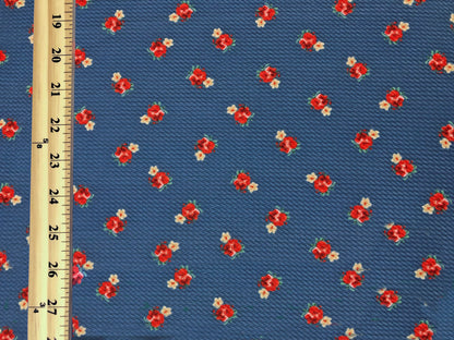 Bullet Knit Printed Fabric-Denim Blue Red Roses-BPR289-Sold by the Yard