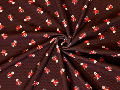 Bullet Knit Printed Fabric-Chocolate Brown Red Roses -BPR261-Sold by the Yard