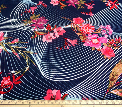 Bullet Knit Printed Fabric-Navy Blue Pink Airwave Flowers-BPR073-Sold by the Yard