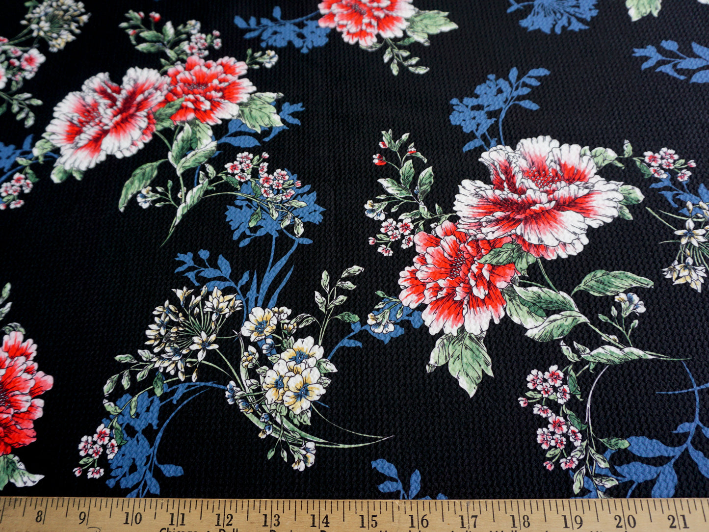 Bullet Knit Printed Fabric-Black Blue Red Flowers-BPR068-Sold by the Yard