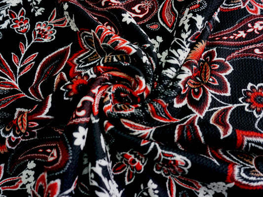 Bullet Knit Printed Fabric-Black Maroon White Flowers Paisley-BPR066-Sold by the Yard
