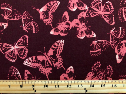 Burgundy Mauve Shadowed Monarch Butterflies DTY Double Brushed Jersey Print Fabric