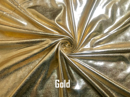 Shiny Gold PU Vinyl — Wet-Look Mirror Shine, 2-Way Stretch | 58″ Wide | 95% Polyester / 5% Spandex | By the Yard (PUVMC02)