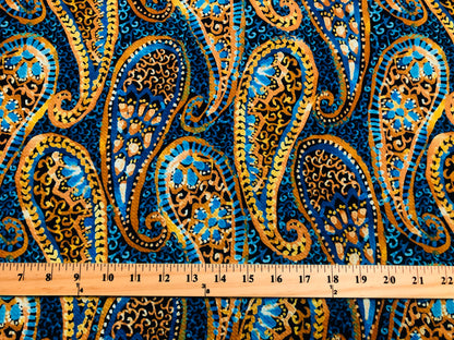 Bullet Knit Printed Fabric-Turquoise Gold Mustard Marble Paisleys-BPR236-Sold by the Yard