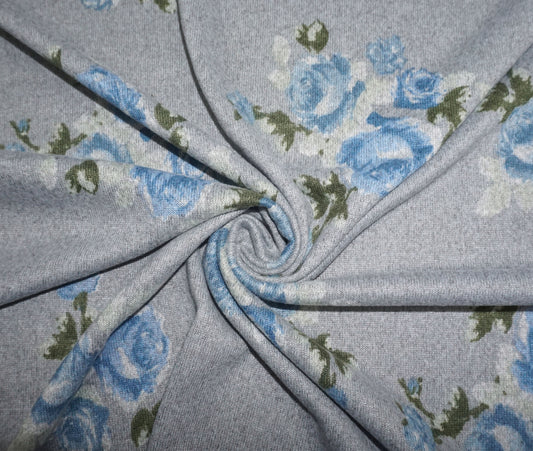 Hacci Sweater Fabric-Gray Blue Olive Flowers-HSPR015-Sold by the Yard-Sweater Fabric