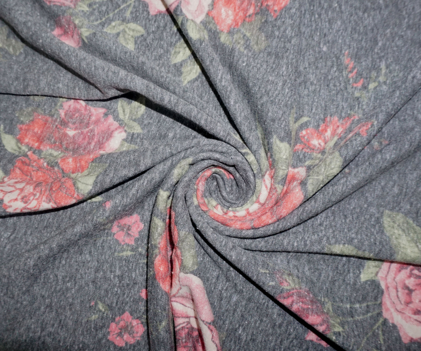 Gray Red Flowers Poly Rayon Blend Print Fabric