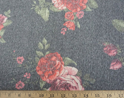 Gray Red Flowers Poly Rayon Blend Print Fabric