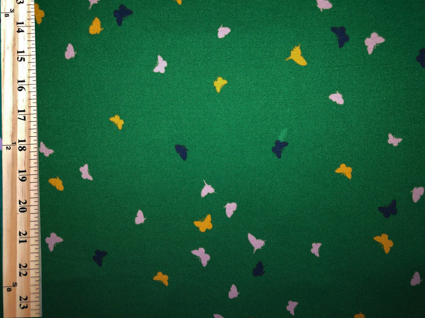 Green 1/2" Navy Blue lavender Mango Butterflies DTY Double Brushed Jersey Print Fabric