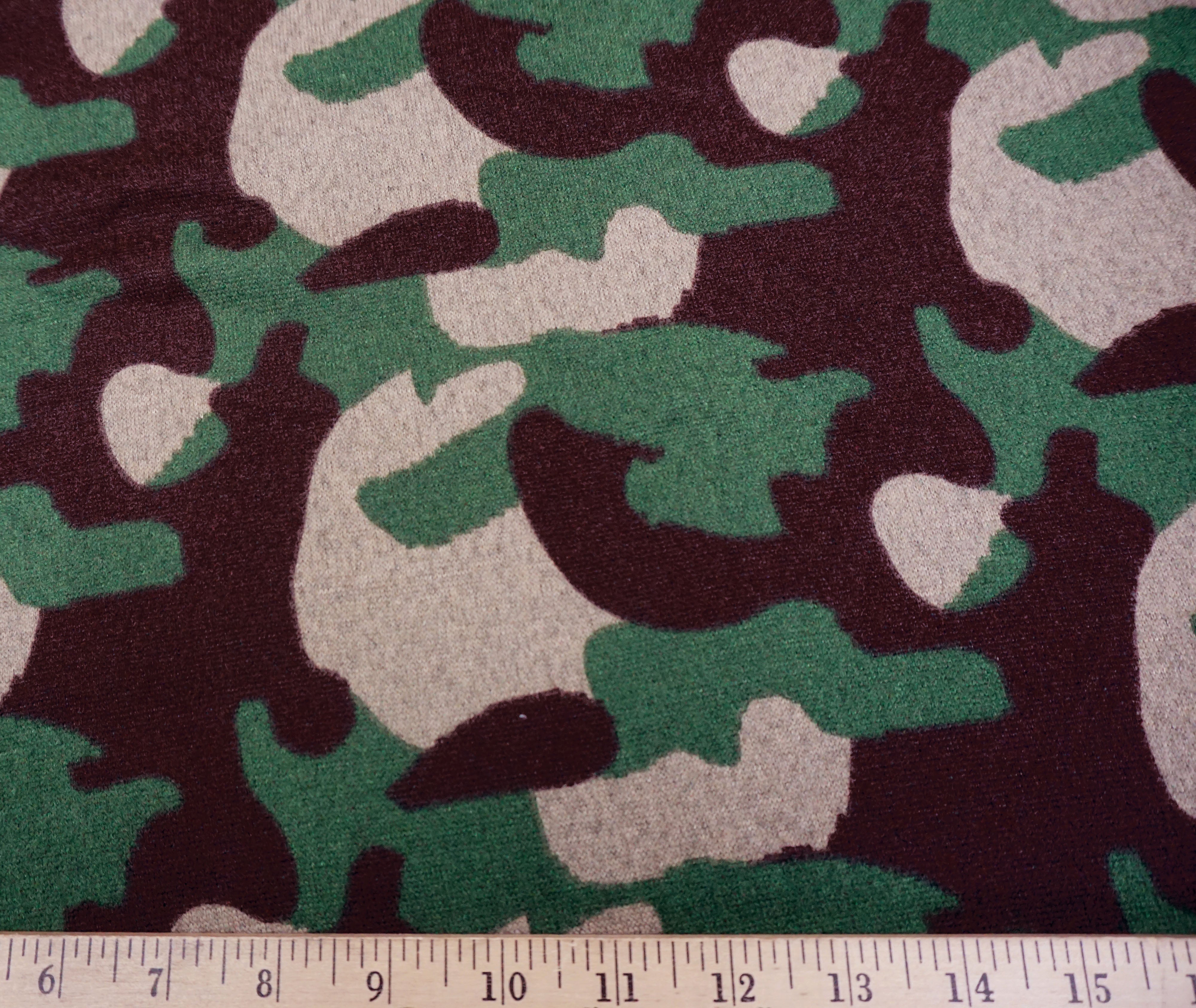 Green Brown Beige Camouflage Sweater Hacci Knit Brush Fabric