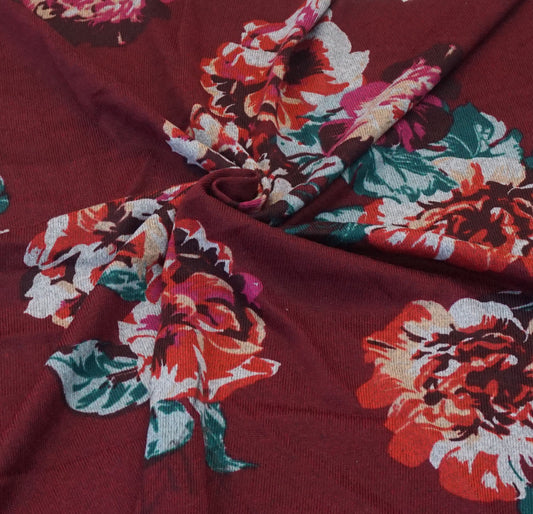 Hacci Sweater Fabric-Maroon Gray Mustard Green Flowers-HSPR013-Sold by the Yard-Sweater Fabric