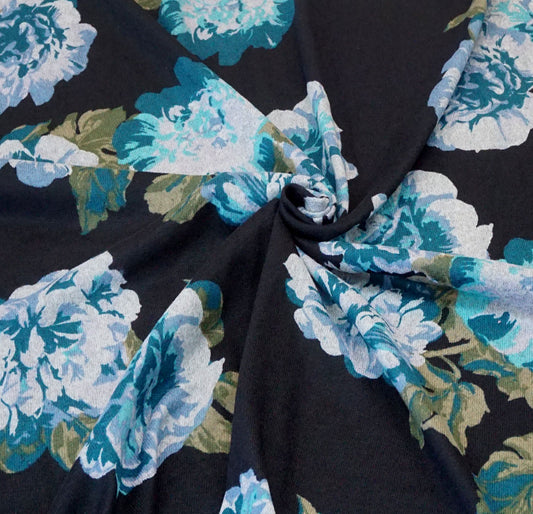 Hacci Sweater Fabric-Black Green Teal Gray Flowers-HKPR003-Sold by the Yard-Sweater Fabric