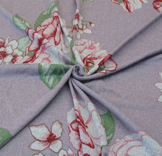 Hacci Sweater Fabric-Lavender Green Red Flowers-HSPR011-Sold by the Yard-Sweater Fabric