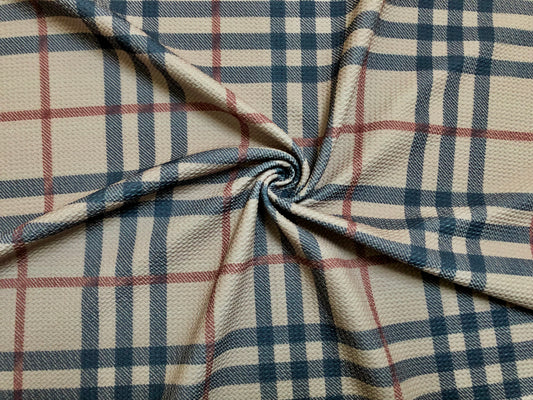 Bullet Knit Printed Fabric-Beige Navy Blue Red Plaid-BPR254-Sold by the Yard