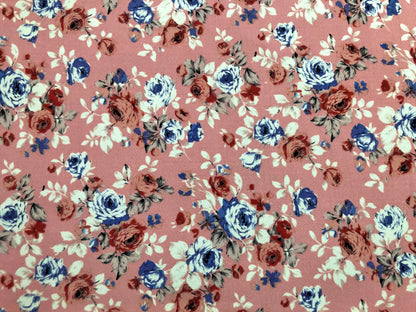Pink Ivory Blue Roses Liverpool Print Fabric