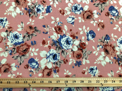 Pink Ivory Blue Roses Liverpool Print Fabric